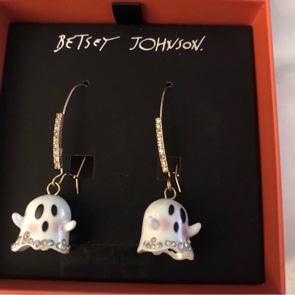 Betsey Johnson Gold Tone Iridescent White Glow In The Dark Ghost Drop Earrings - Picture 4 of 12